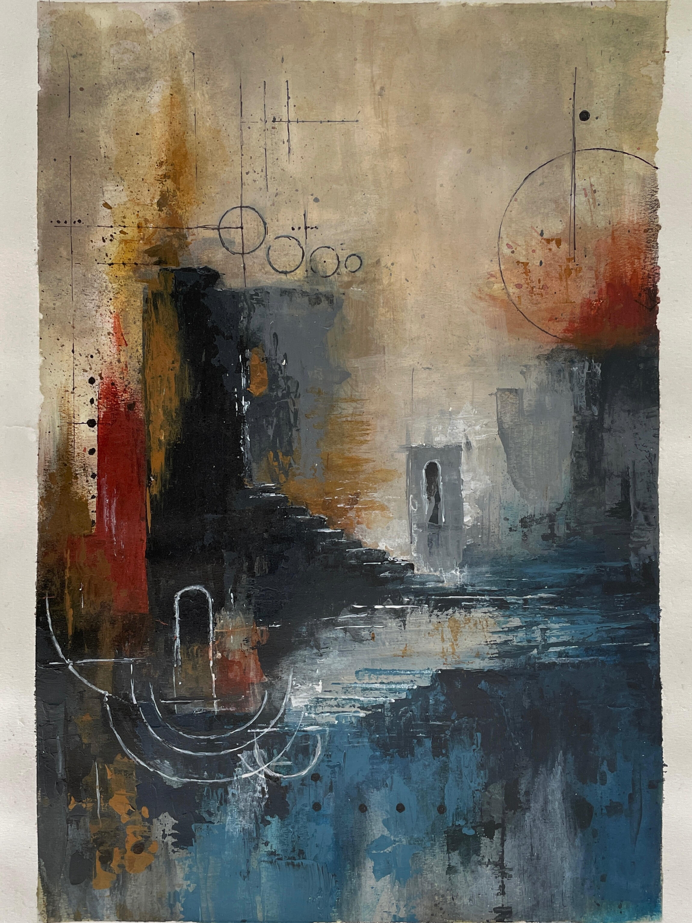 Mixed-media painting showing layered architectural forms, textured surfaces and abstract shapes in muted earthy colours.