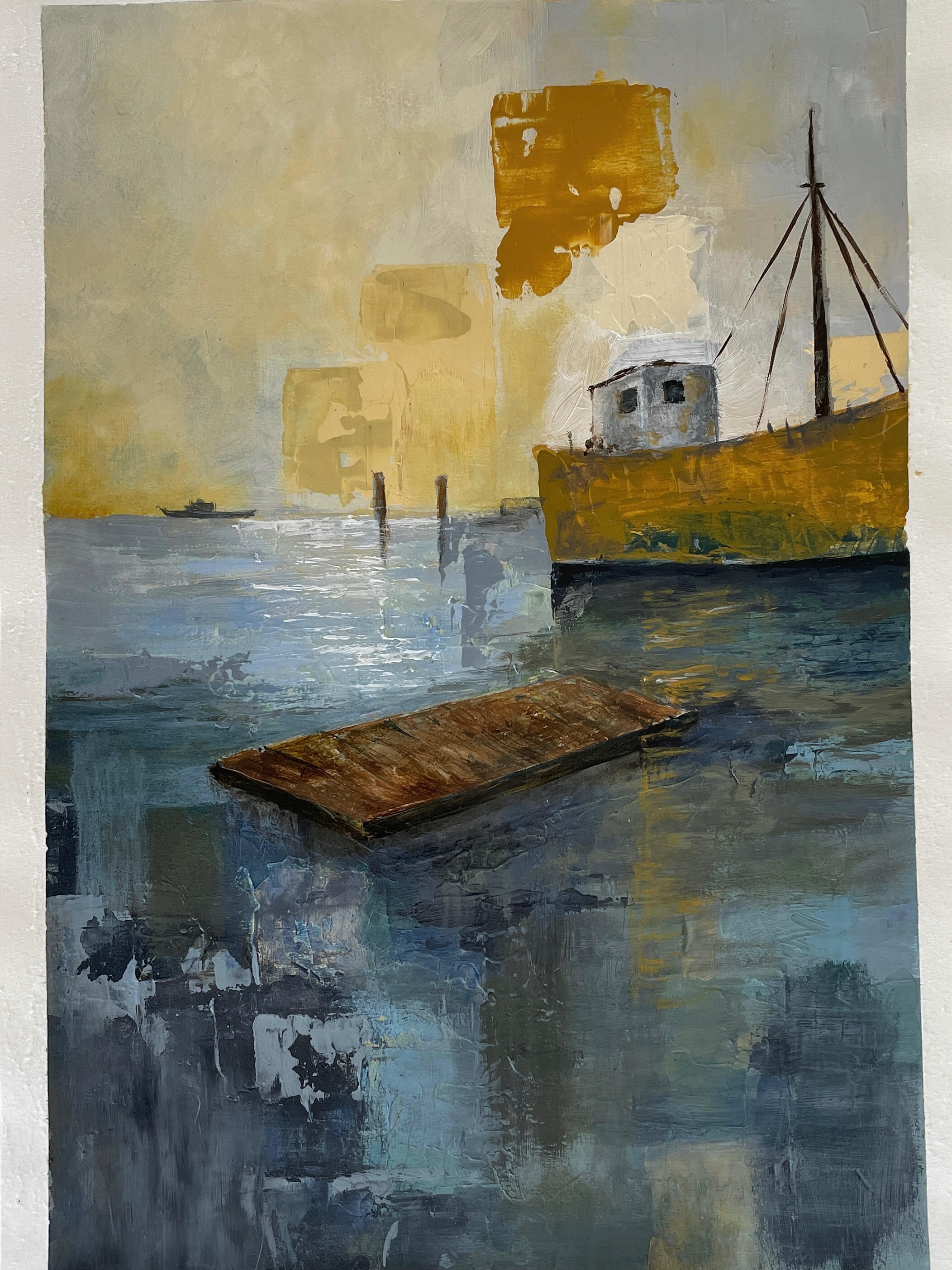 Mixed-media painting inspired by a recurring dream, showing a vast body of water beneath an industrial platform with a distant ship on the horizon.