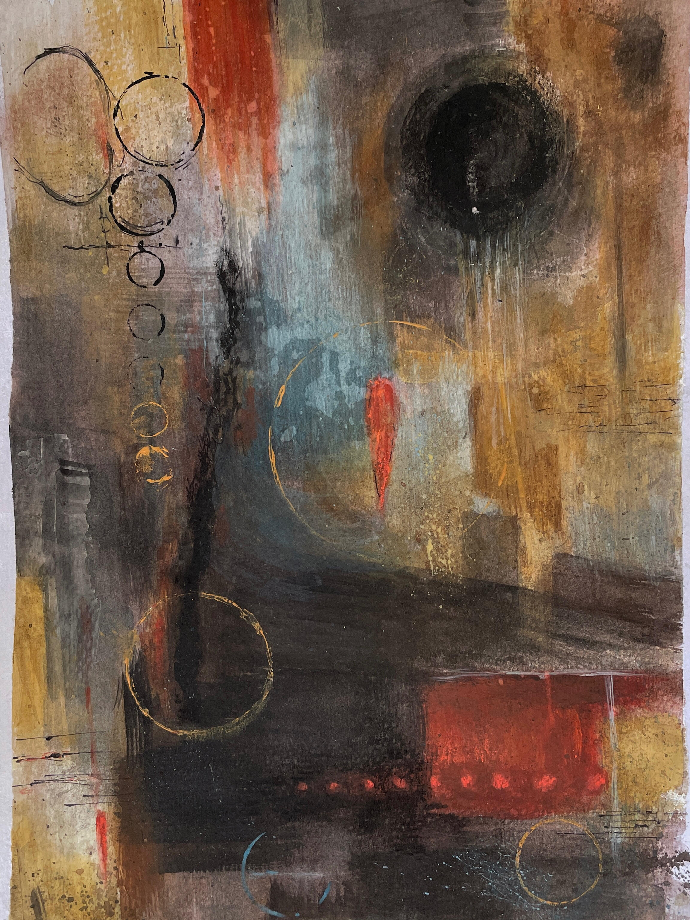 Mixed-media painting depicting a surreal dream scene with simplified forms, layered textures and a vibrant colour palette.